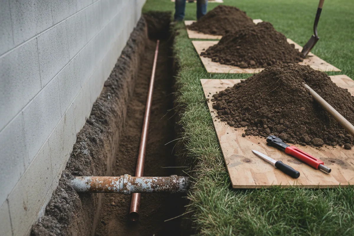Excavated water line trench during Water Softener Installation in Pineville